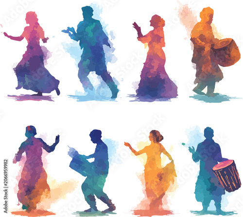 Vibrant vector illustration featuring multiple silhouettes of traditional indian dancers and musicians performing energetic cultural celebrations in bright watercolor styles