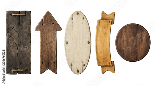 Set of various wooden signs and signposts isolated on transparent background