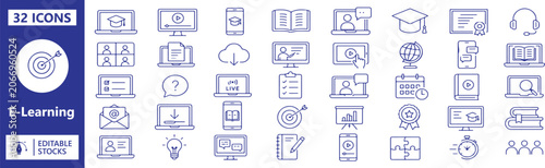 Photos 32 E-Learning Vector Outline Icons Set – Online Education, Digital Learning, Dis