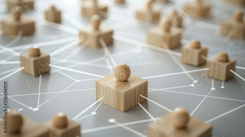 Soft studio lighting with realistic depth and clean minimal composition. Abstract network of connected wooden human figures representing communication and business collaboration. Digital transformatio