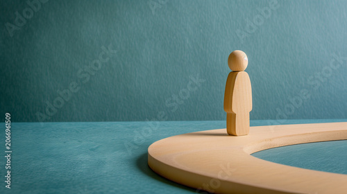 Soft studio lighting with realistic texture and minimal composition. Wooden human figure standing alone at the edge of curved pathway symbolizing decision making and personal direction. Business leade