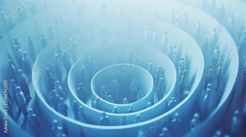 Soft atmospheric lighting with realistic depth and abstract spatial composition. Minimal circular crowd formation with human silhouettes representing social connection and data flow. Modern business a