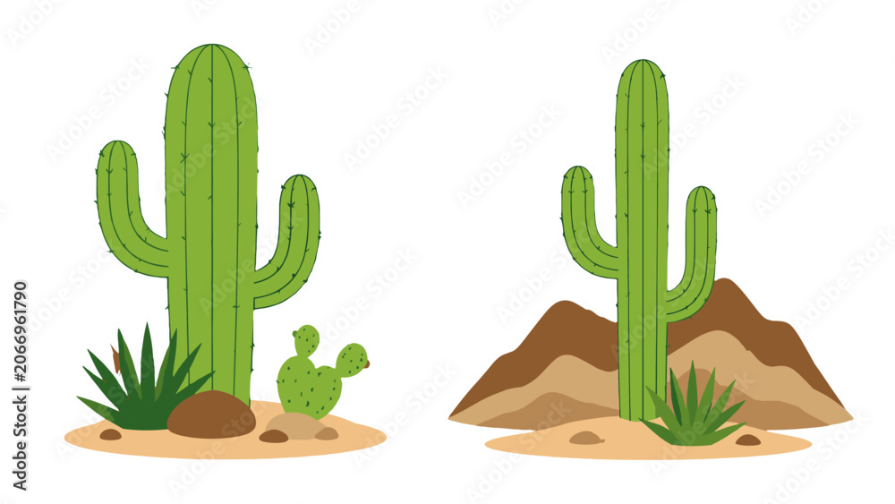 Fototapeta premium Green cactus plants in desert landscape vector set