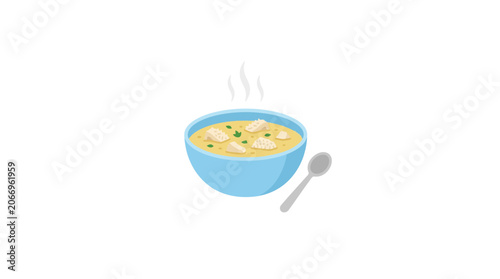 Fotografie Hot Chicken Noodle Soup Bowl with Spoon, Comfort Food Illustration