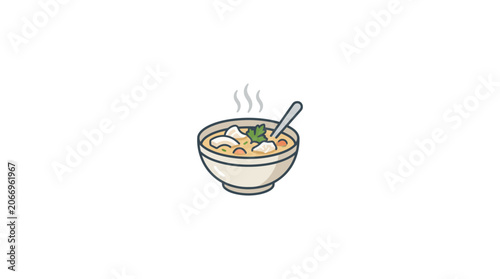 Fotografie Hot Chicken Soup Bowl with Spoon and Steam, Comfort Food Illustration