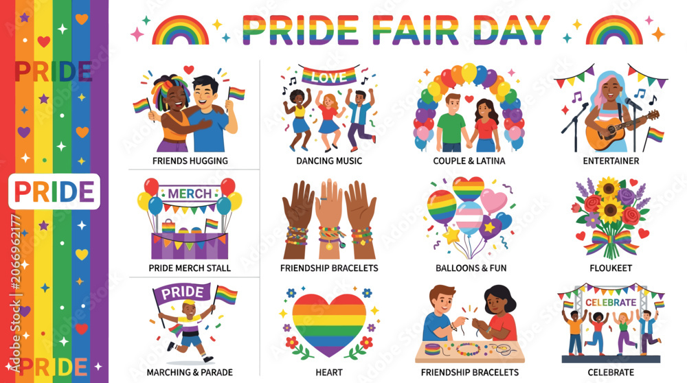 Fototapeta premium Pride Fair Day Icon Set Featuring Diverse Celebrations and Symbols of Love and Unity