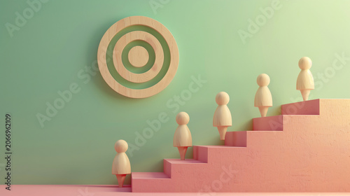 Soft pastel studio lighting with realistic depth and shadows. Abstract business growth concept with miniature human figures climbing stairs toward target goal. Leadership, motivation and career succes