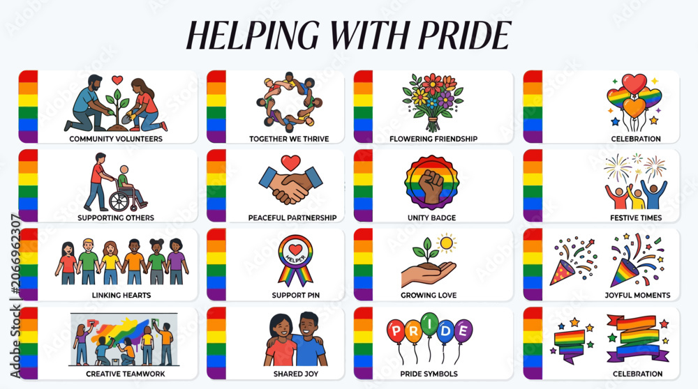 Fototapeta premium Helping with Pride Diverse Community Icons Symbolizing Unity, Support, and Celebration