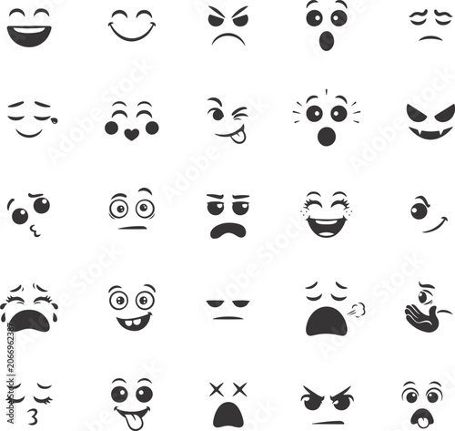 Vector Face Expression Set Collection with Cute Emoji Characters, Cartoon Emoticon Icons, Happy, Sad, Angry, Surprised, Funny, Crying Facial Reactions, Black Silhouette Emotion Symbols