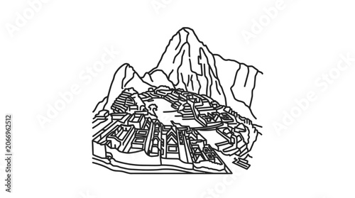 Black and White Drawing of Machu Picchu.