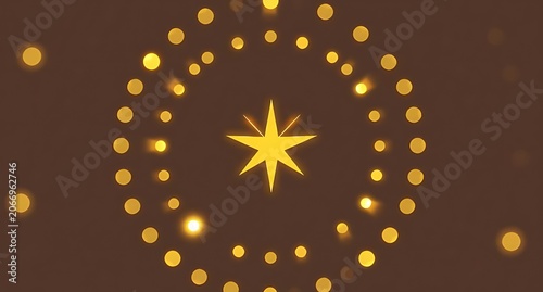 Elegant golden star at the center surrounded by glowing dotted circles, radiant design with a warm brown background, perfect for festive, celebratory, or decorative themes, stylish and eye-catching