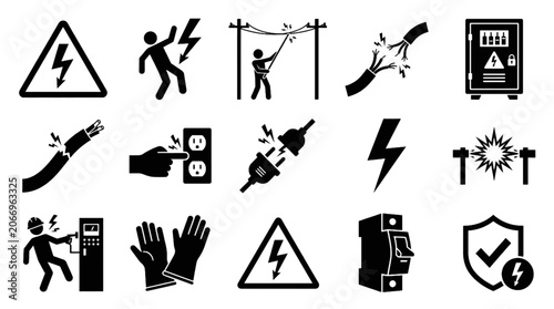 Fotografía Electric Shock Hazard Glyph Icon Set with High Voltage Warning Power Line Contac
