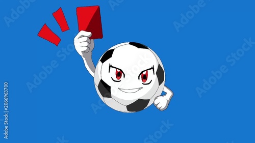 An anime-style cartoon soccer ball illustration holding a red card with a stern expression, symbolizing fouls, referee decisions, and exciting action. Suitable for sports, gaming, and animation.