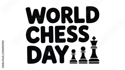 Photos world chess day bold typography illustration with chess king queen rook bishop a
