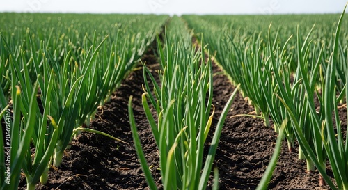 Close up of green onion stalks growing in straight rows within a fertile dark soil field under bright natural sunlight on a rural farm, cultivation, agronomical, plant