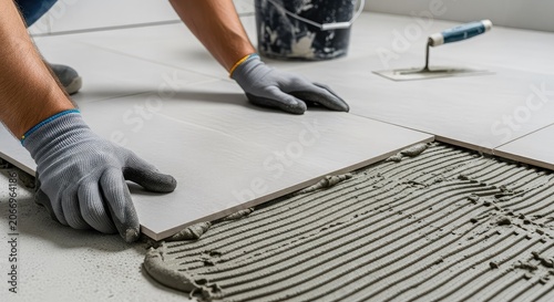 Close up of grey ceramic floor tiles being installed in a modern bathroom using adhesive mortar and professional tools during renovation, tools, adhesive, spacers