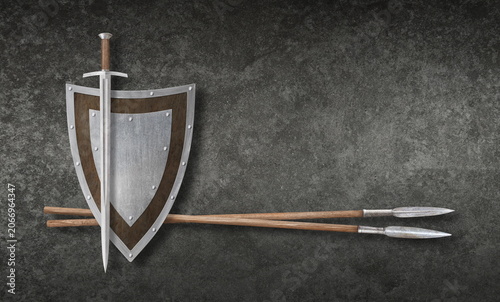 Obraz na plátně sword shield and two spears on grunge background