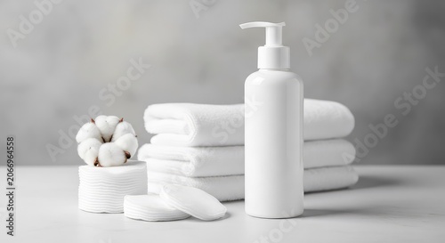 Elegant white cosmetic pump bottle mockup standing next to soft cotton pads and folded white towels on a clean stone surface background, wellness, minimalist, light