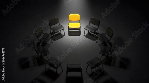 A single yellow chair stands out in a circle of black chairs under a spotlight