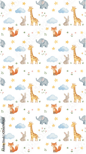 Seamless pattern with safari animals giraffe and fox