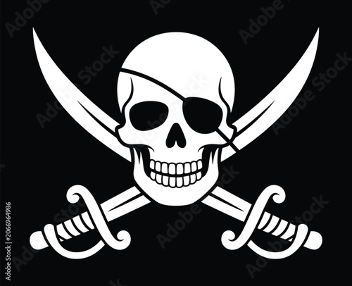 Foto Iconic white pirate skull wearing an eye patch and crossed cutlass swords creates a menacing adventurous look on solid black