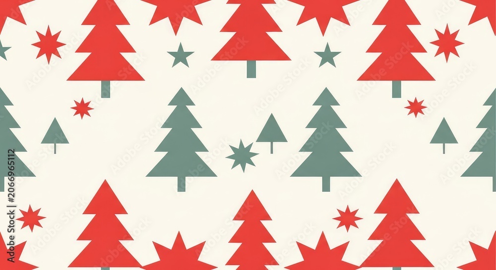 Obraz premium Minimalist mid-century modern holiday pattern featuring repeating geometric trees, stars, and diamonds in red, muted teal, and ivory white, creative, motif, star