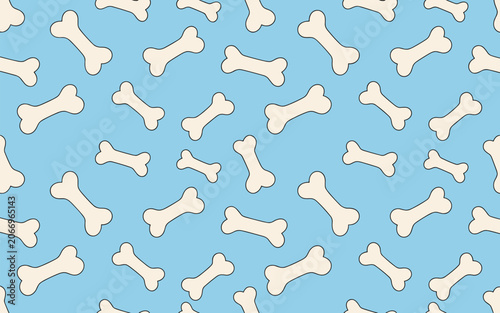 Seamless pattern of cute white cartoon dog bones scattered on a bright blue background for playful pet branding.