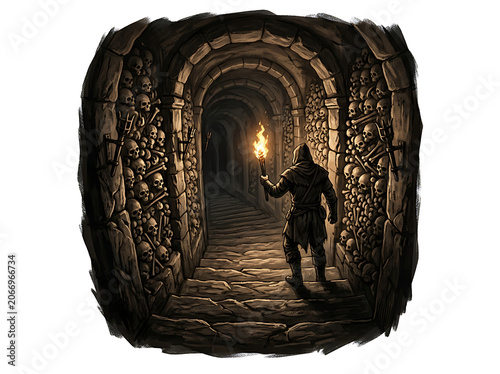 Mystical medieval knight in torchlit stone corridor.
