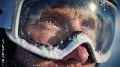 Frosty Gaze: A close-up portrait of a determined skier, eyes intensely focused beneath snow-covered goggles, embodying the spirit of winter adventure and extreme sports.