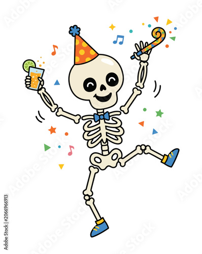Photos Happy Cartoon Skeleton Dancing at a Party Wearing a Party Hat with a Drink and N