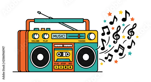 Retro Boombox Playing Music with Notes and Stars Vintage Audio Entertainment Icon