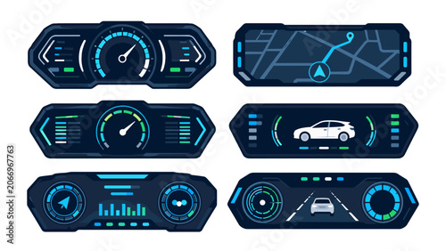 Schilderij op canvas Futuristic car dashboard interface set with digital HUD panels