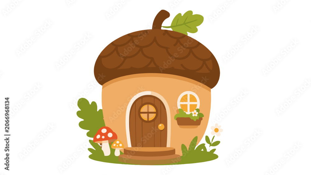 Fototapeta premium Cute acorn house with mushrooms and leaves in flat vector style