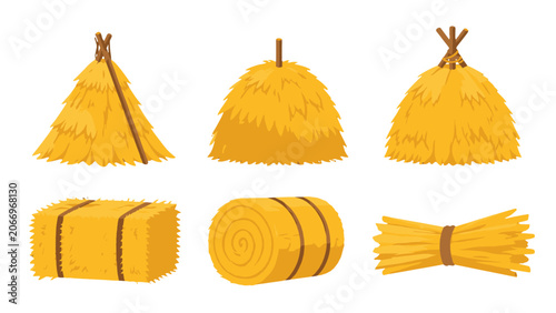 Valokuva Cartoon haystacks and hay bales isolated vector set