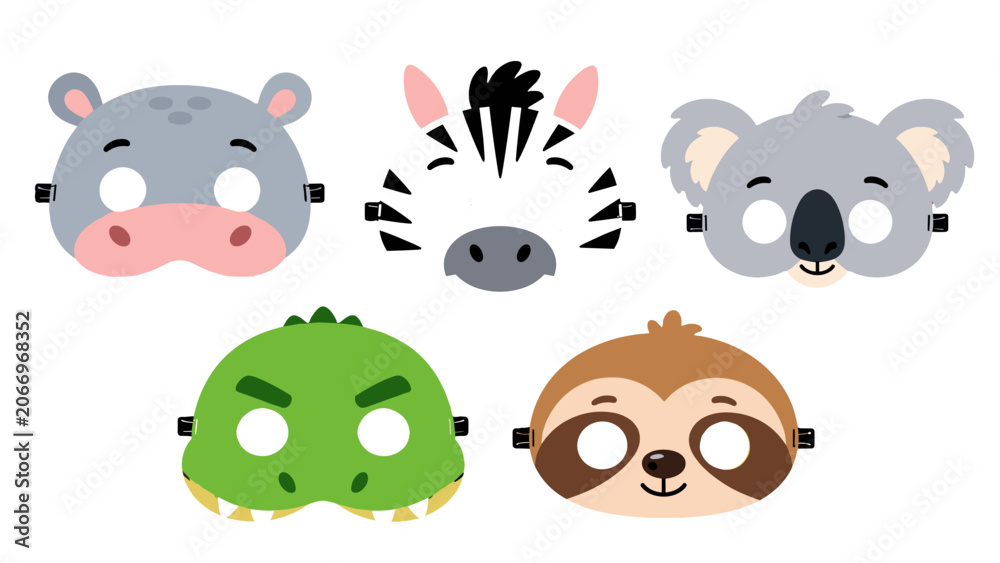 Fototapeta premium Cute animal costume masks set in flat cartoon vector style