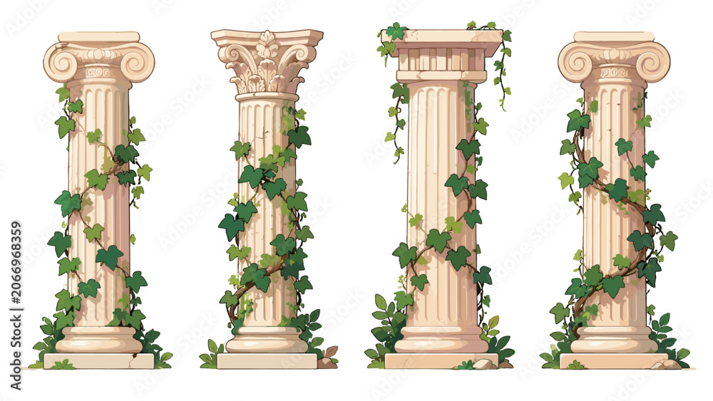 Naklejka premium Set of ancient stone columns with ivy in cartoon vector style