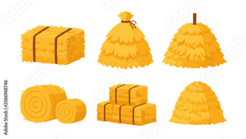 Fotografija Set of hay bales and haystacks in flat vector style
