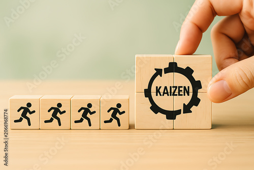 A hand placing a block with kaizen symbol onto a series of running human figures
