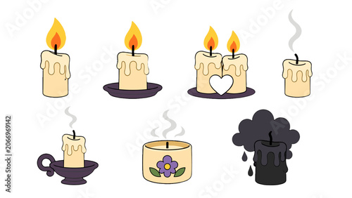 Canvastavla Cartoon candle set with flames, smoke, wax drips, and holder