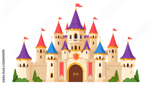 Photos Cartoon fairy tale castle with towers and colorful flags
