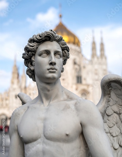 A close-up of a stone statue of a muscular male figure with wings