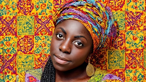 Vibrant Portrait: A beautiful woman of African descent with a colorful headwrap and striking features poses confidently against a backdrop of vibrant, patterned fabric.