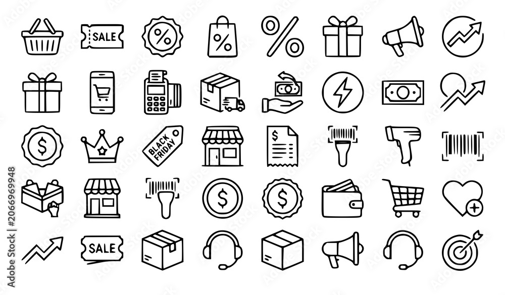 Fototapeta premium Modern Black Friday Outline Shopping Icons Collection with Discounts and Promotions Vector