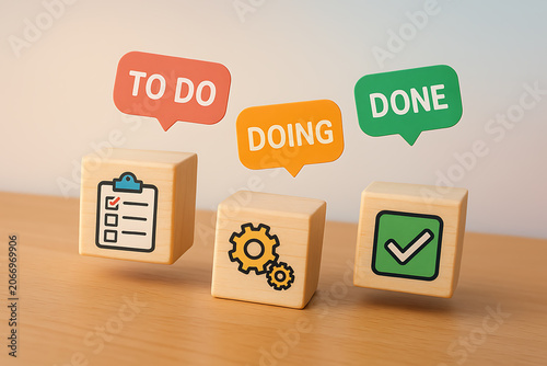Wooden blocks displaying task management concepts to do doing and done