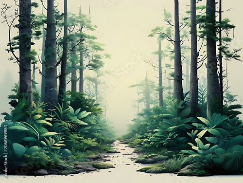 Misty forest path with tall pine trees and ferns.