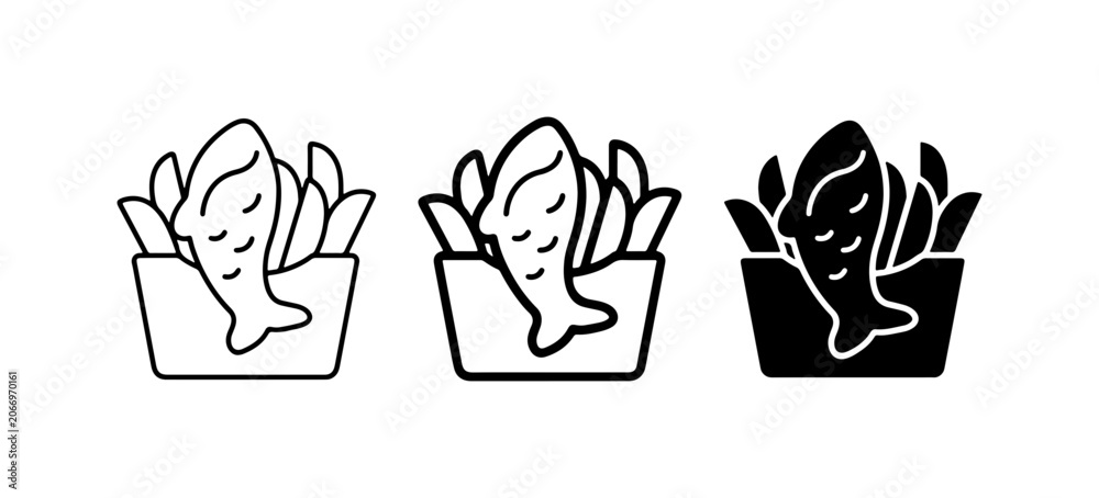 Fototapeta premium Fish and Chips Icons, Fast Food Vector Graphics, Takeaway Meal Set