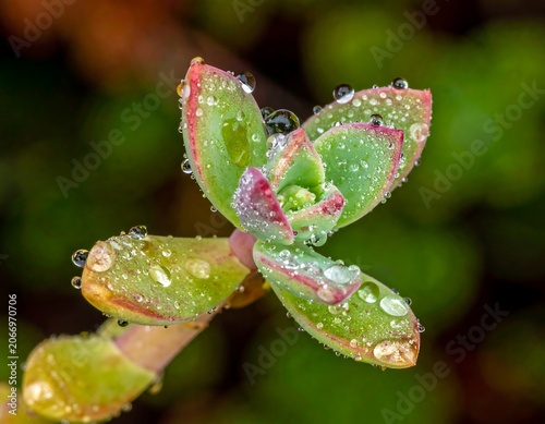 A close-up of a succulent plant with water droplets on its leaves