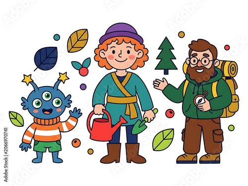 Two young boys collecting colorful autumn leaves and acorns.