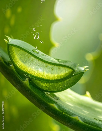 A close-up of a succulent plant's gel-filled leaf with water droplets