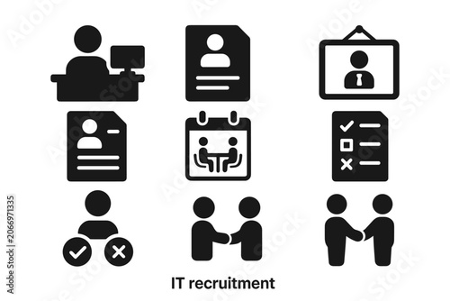 IT Recruitment Icons. IT recruitment. Filled icon set of IT recruitment: recruiter desk, candidate profile,